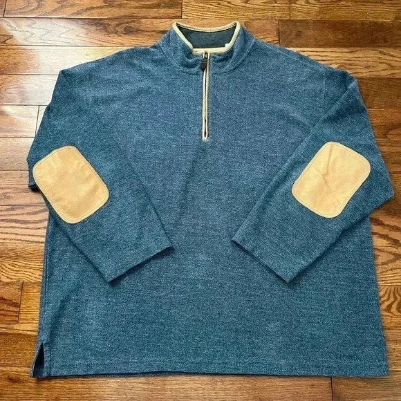 Orvis Men’s 3/4 Zip Pullover Blue Tan Leather Elbow Patches Sz XL - Picture 1 of 7